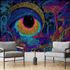 A vibrant tapestry featuring psychedelic UV patterns, glowing geometric shapes, and a large tree against a dark background.
