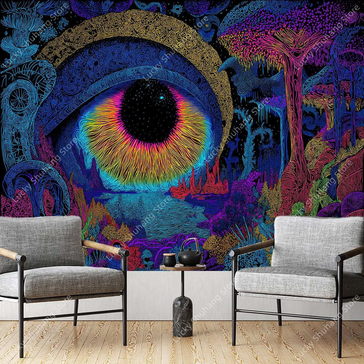 A vibrant tapestry featuring psychedelic UV patterns, glowing geometric shapes, and a large tree against a dark background.