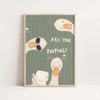 A framed canvas print featuring two white duck heads looking sideways, with the text Are you pooping?