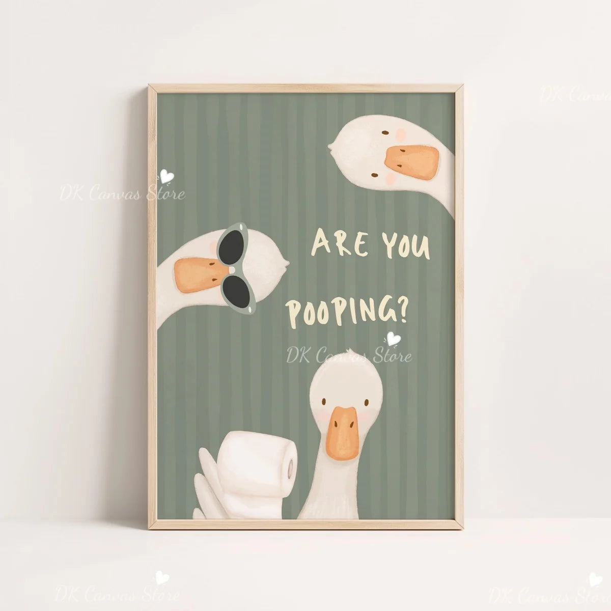 A framed canvas print featuring two white duck heads looking sideways, with the text Are you pooping?