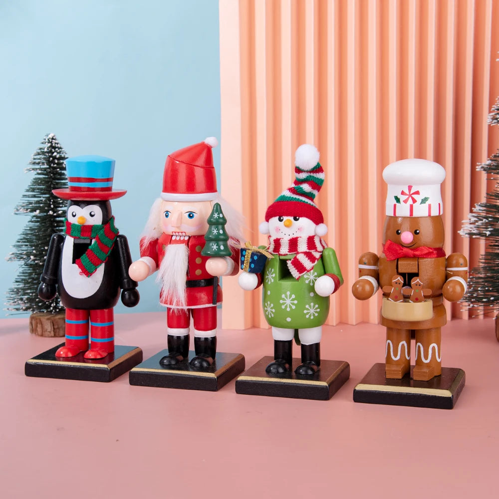 A set of wooden nutcracker soldier ornaments featuring characters dressed in festive winter attire.