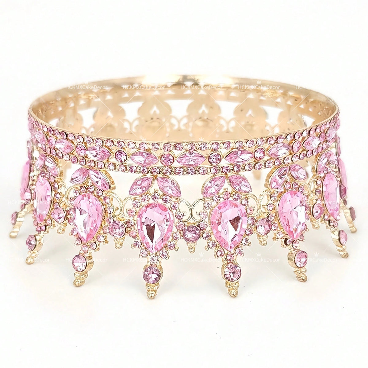 Gold and pink crystal rhinestone crown cake topper featuring intricate floral designs