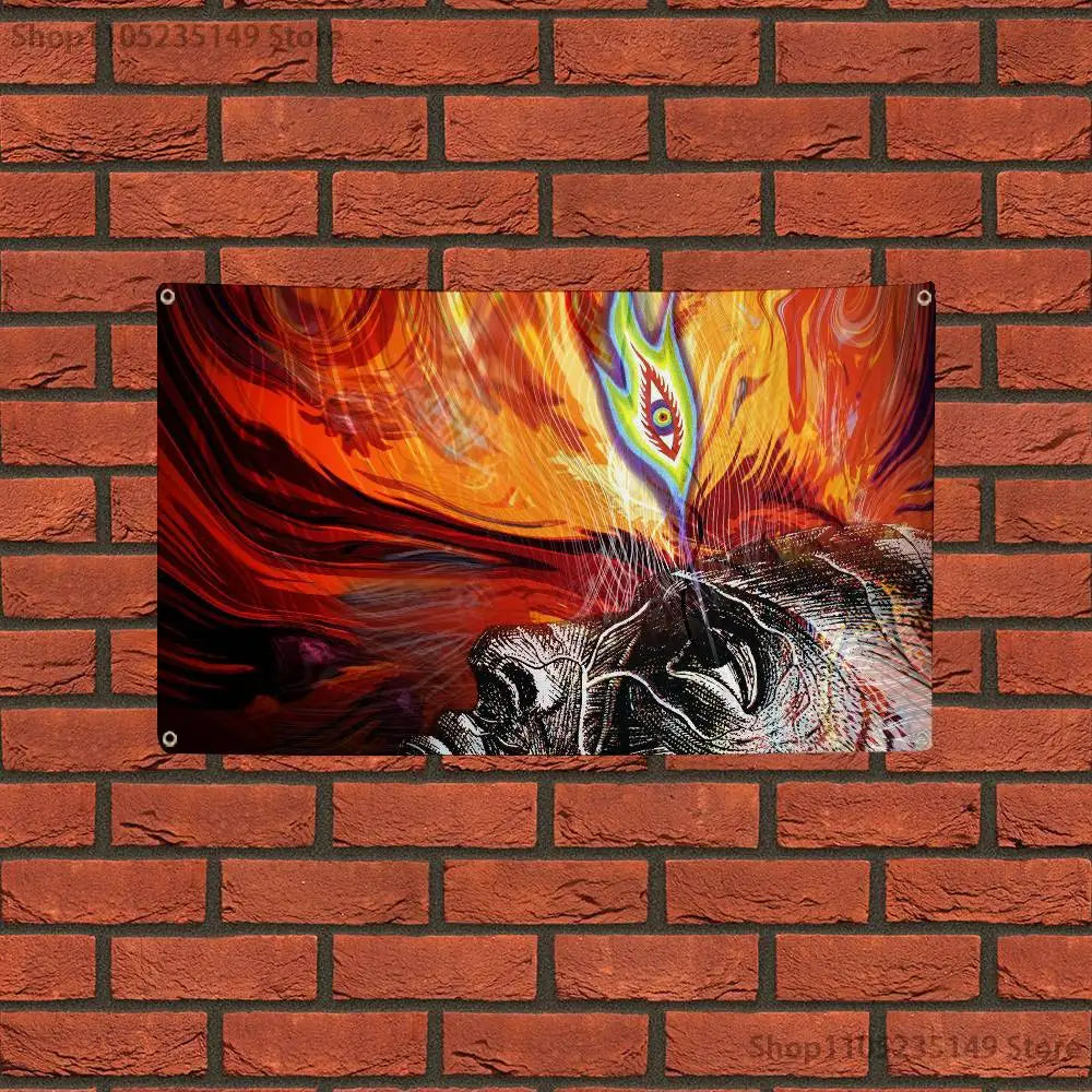A vibrant tapestry featuring a skull engulfed in fiery, swirling orange and yellow flames.