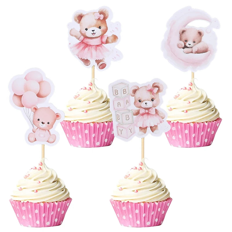 Set of cartoon bear cupcake toppers in pink and white for baby shower or birthday parties