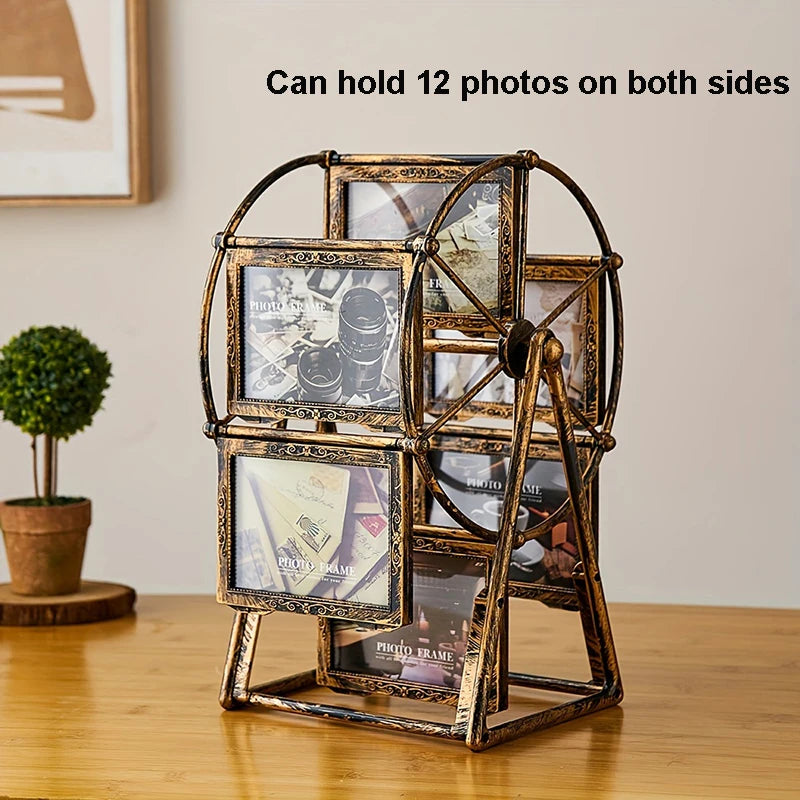 A vintage resin rotating photo frame displaying twelve photos on both sides.