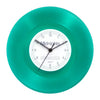 A vintage vinyl record wall clock with a teal transparent cover showing the time.