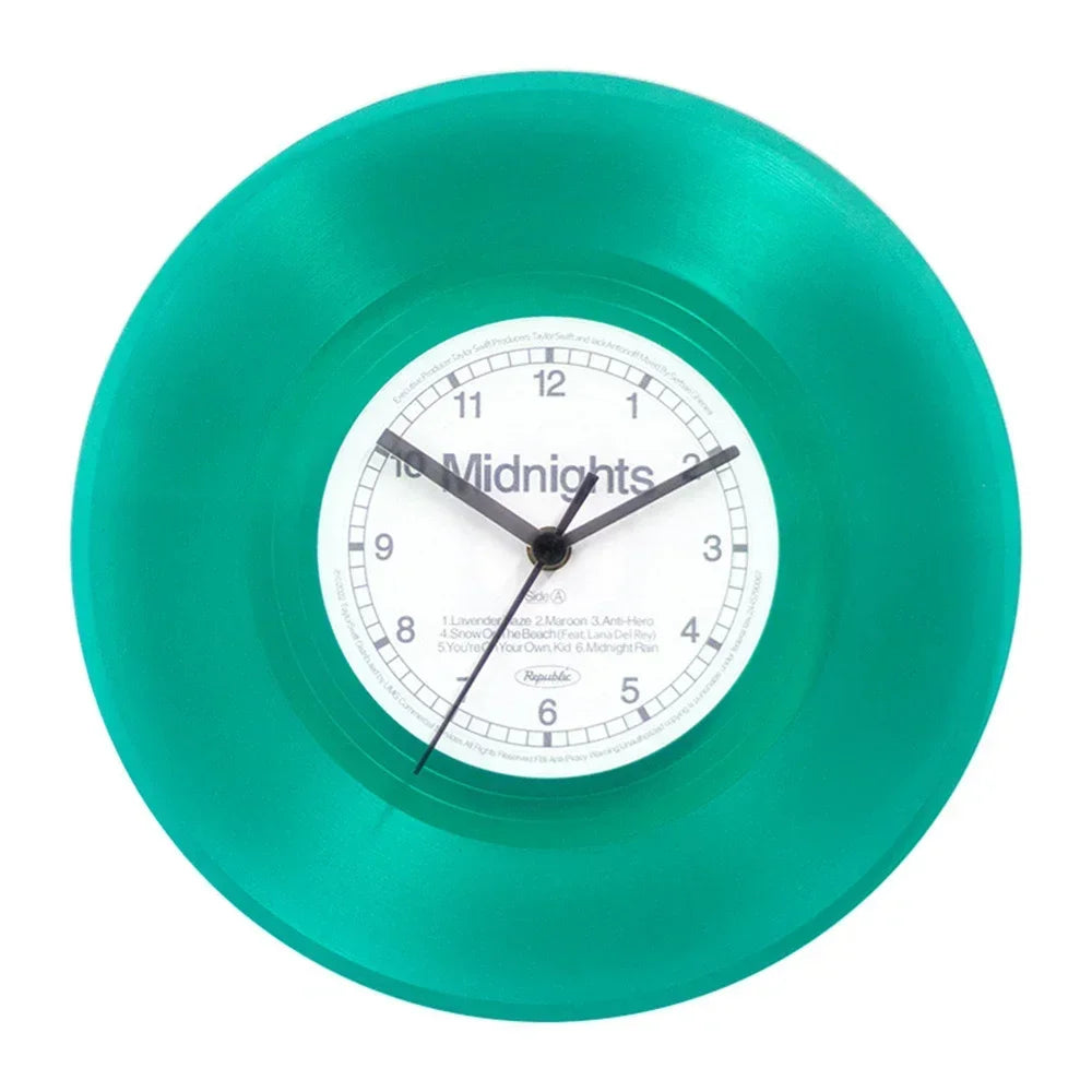 A vintage vinyl record wall clock with a teal transparent cover showing the time.