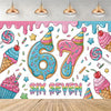 A colorful decoration set featuring the numbers six and seven with dripping icing and sprinkles for a birthday party.