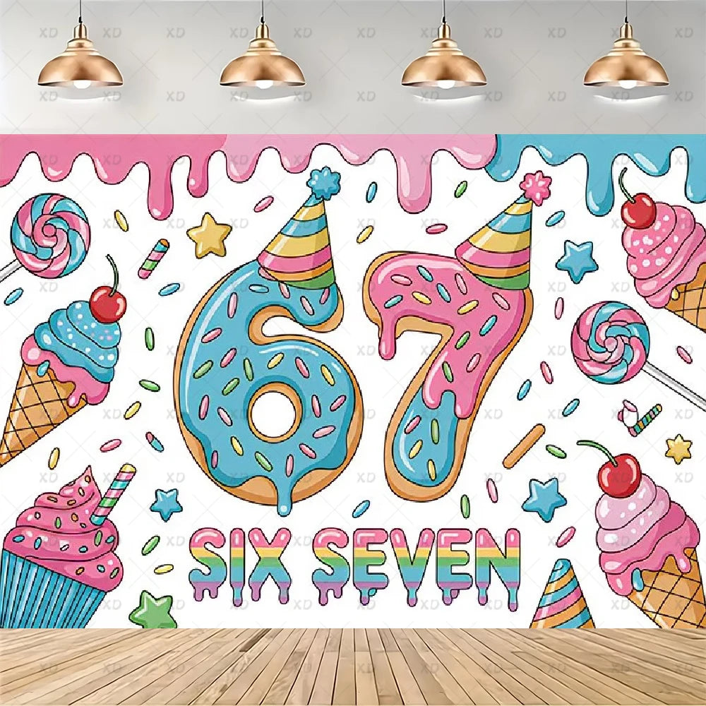 A colorful decoration set featuring the numbers six and seven with dripping icing and sprinkles for a birthday party.