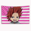 A banner featuring an anime character resembling Bakugou Katsuki against a pink and white striped American flag background.