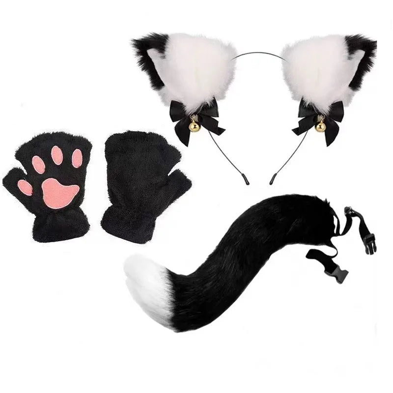 Black furry cat ear headband and tail costume set with pink paw print hand and glove