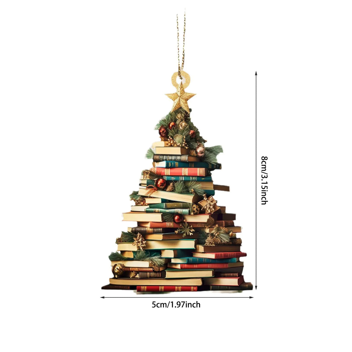Arbre de Noël décoratif fait de livres empilés avec des ornements dorés et une étoile en haut.
