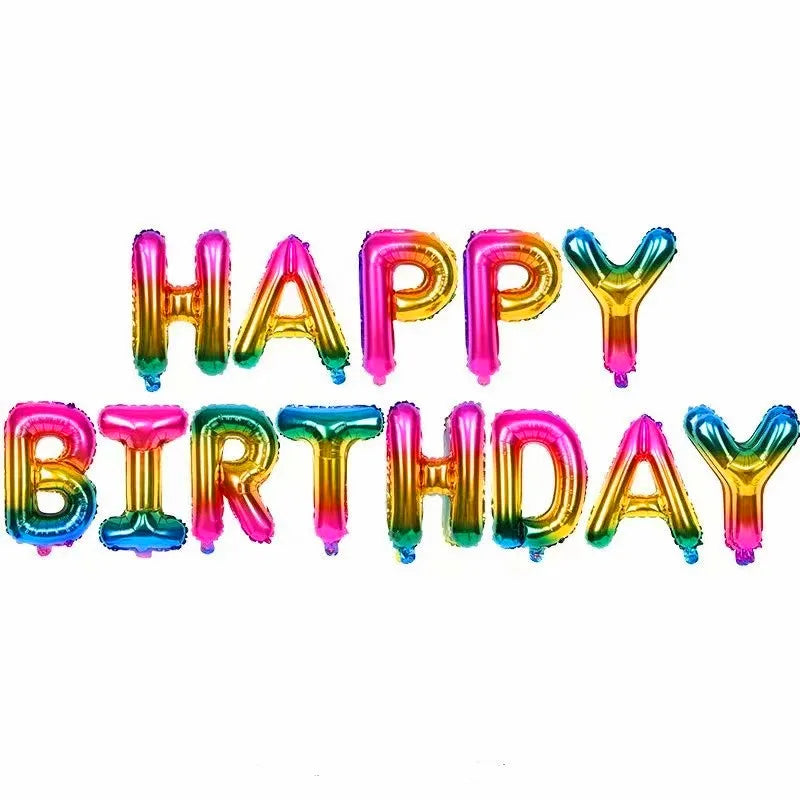 A set of thirteen foil balloons spelling out HAPPY BIRTHDAY in various shades of pink and gold.
