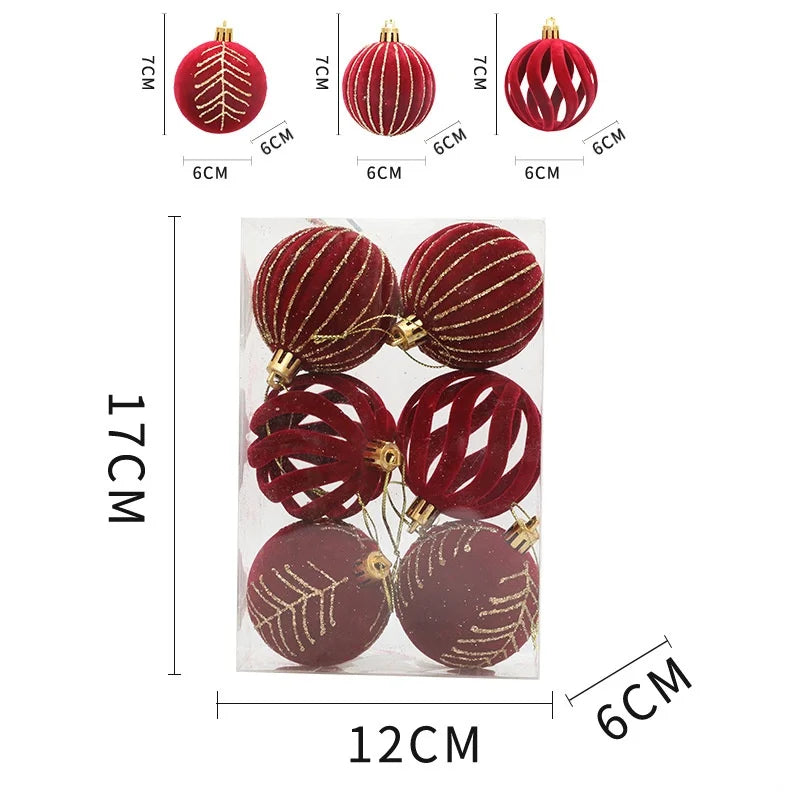 A set of velvet red Christmas tree hanging ornaments, shown with various sizes and dimensions.
