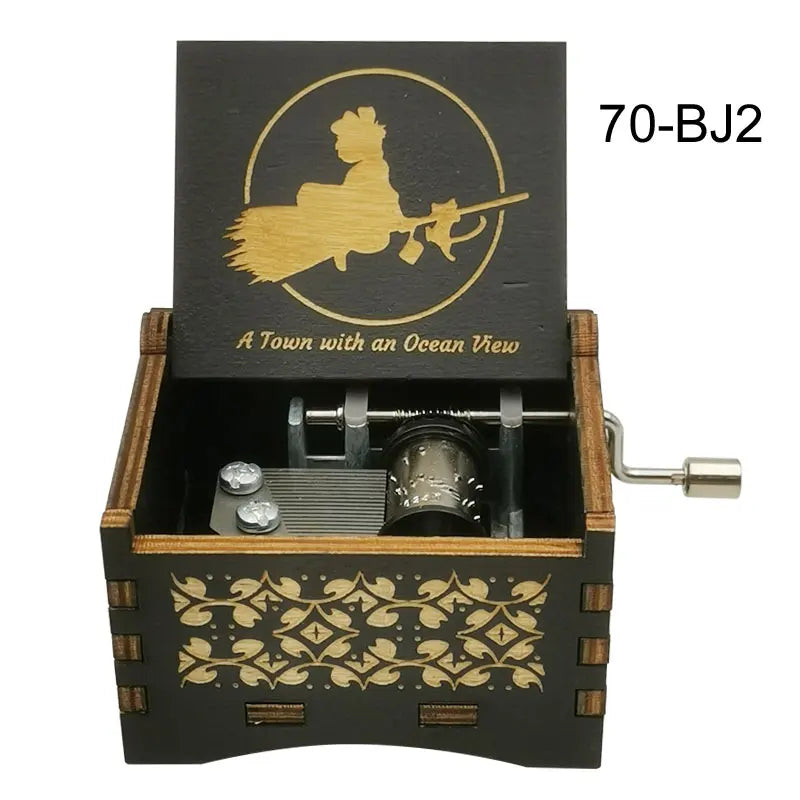 A wooden music box featuring a gold-colored silhouette of a figure with a fan, labeled 70-BJ2.