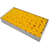 A rectangular box filled with numerous yellow artificial rose heads for wedding and party decor.