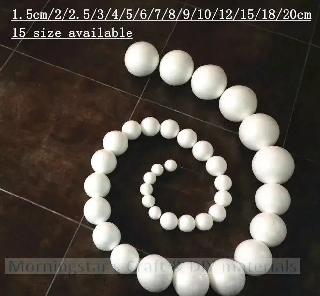 A circular arrangement of white polystyrene foam balls of various sizes, used for crafting and DIY materials.
