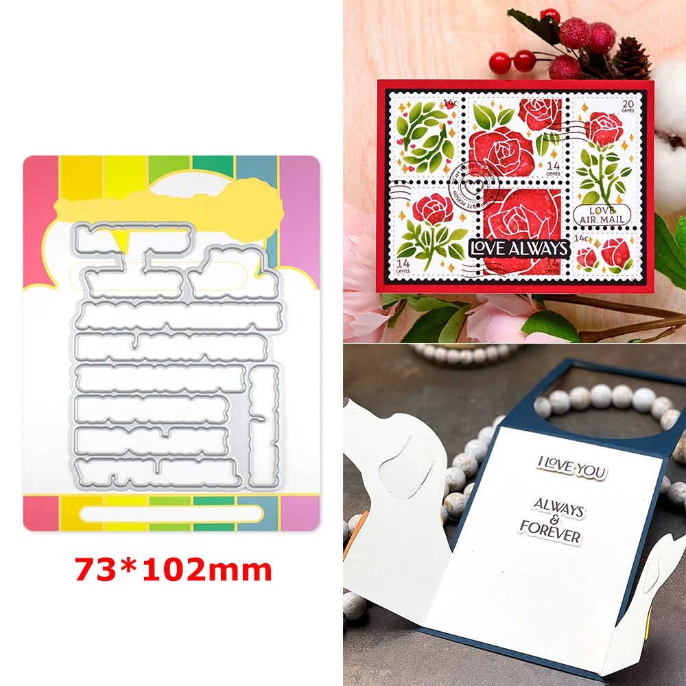 A set of floral love words stencils and stamps for DIY scrapbooking featuring red roses and leaves.