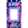 A sparkly K-POP themed photo frame backdrop for a birthday party featuring stars and musical notes.