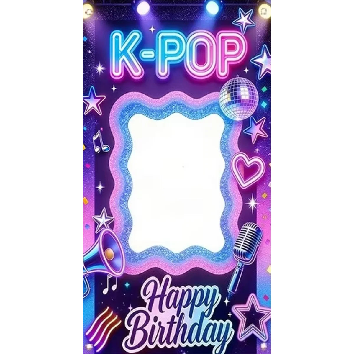 A sparkly K-POP themed photo frame backdrop for a birthday party featuring stars and musical notes.