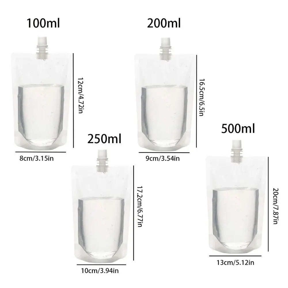 A set of reusable squeezable liquid drink pouches in various sizes including 100ml, 200ml, 250ml, and 500ml.