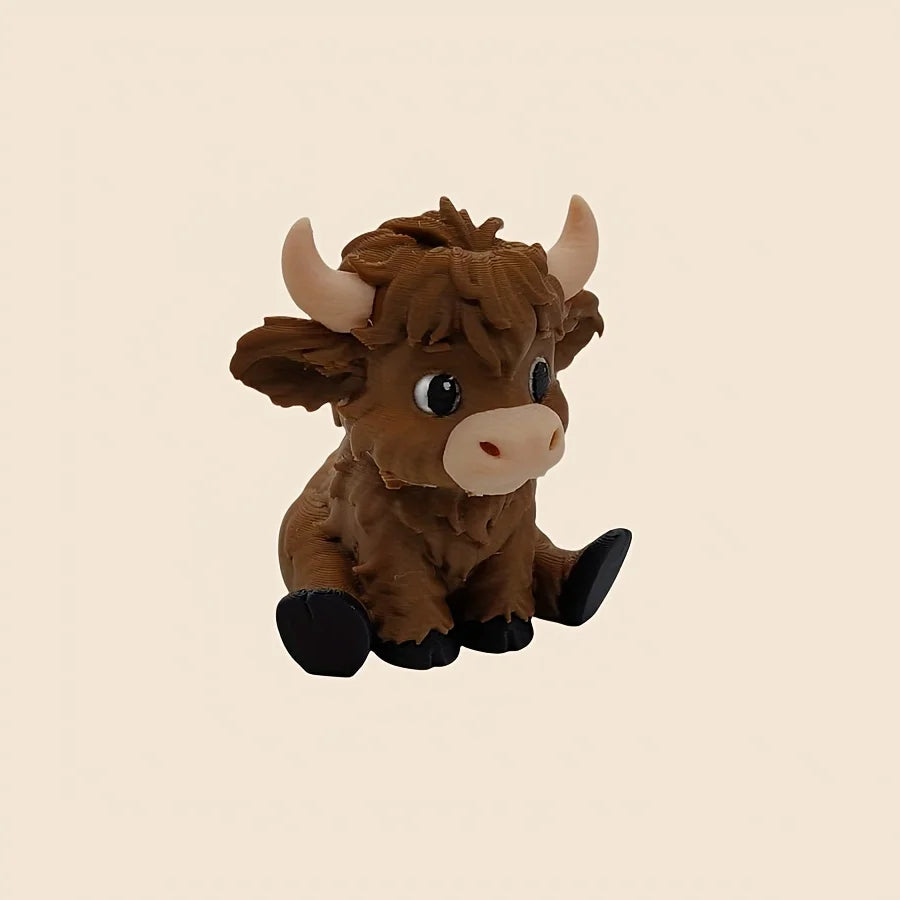 A small, brown Highland cow statue with horns and black hooves.