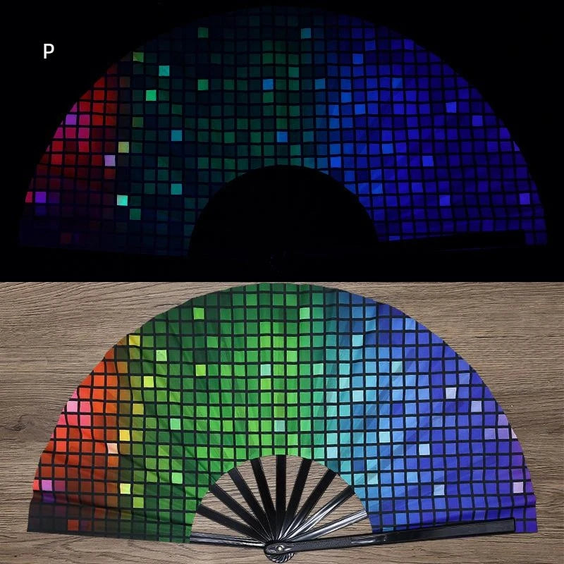 A UV fluorescent folding fan displaying a spectrum of colors across an arc.