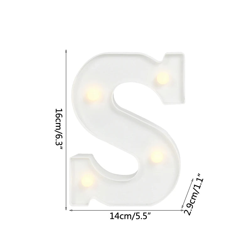 A white alphabet letter light shaped like the letter S, featuring warm white LED illumination.