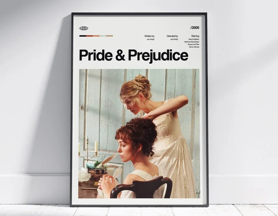 A framed poster titled Pride & Prejudice featuring a woman in period attire.