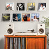 A display shelf featuring acrylic vinyl records of various artists like Adele, Ram, and Lana Del Rey.
