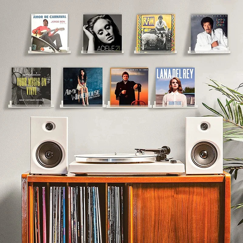 A display shelf featuring acrylic vinyl records of various artists like Adele, Ram, and Lana Del Rey.