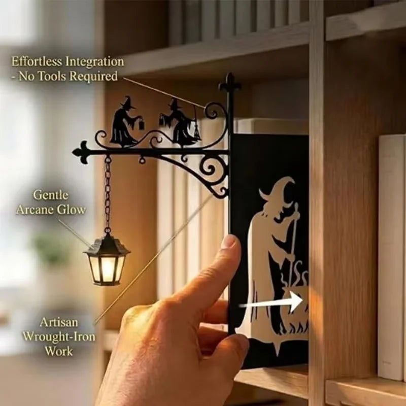 A hand holds a black silhouette of a wizard and staff, illuminating a warm lantern glow inside a wooden bookcase.