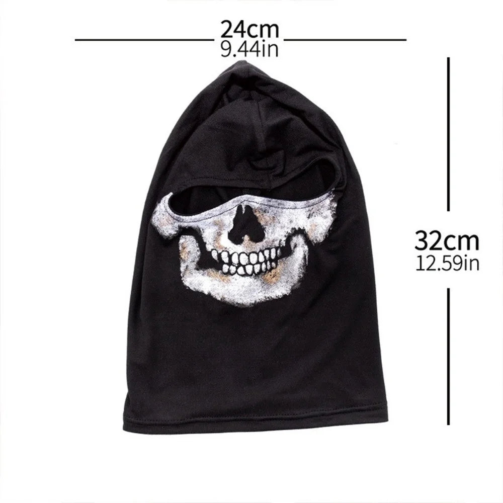 Black ice silk face mask with a white skull pattern
