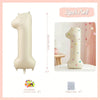 A set of three 32 inch Milky White aluminum foil number balloons, including a large number balloon and twenty glue dots.