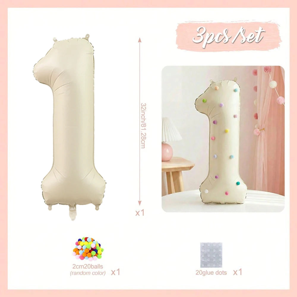 A set of three 32 inch Milky White aluminum foil number balloons, including a large number balloon and twenty glue dots.