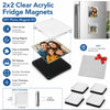 A set of clear acrylic fridge magnets featuring various photo displays and magnets.