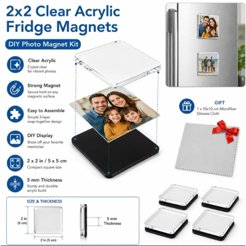 A set of clear acrylic fridge magnets featuring various photo displays and magnets.