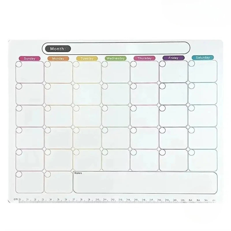 A monthly planner grid for tracking notes and tasks with days of the week labeled.