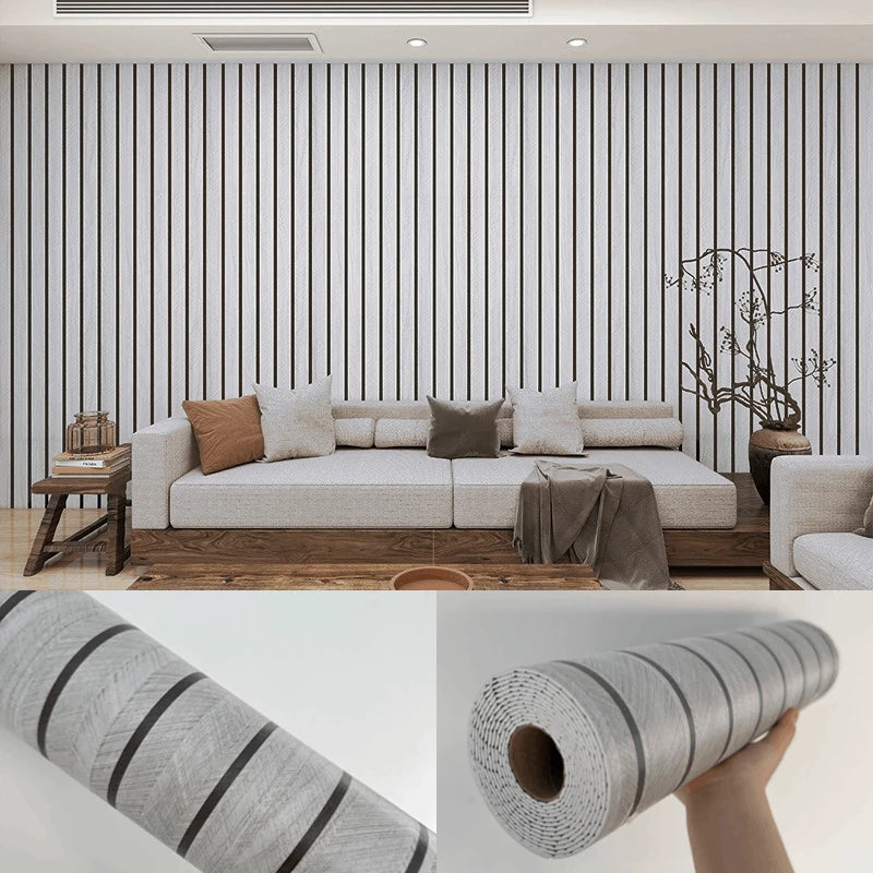 Roll of self-adhesive wood grain wallpaper showing a textured gray pattern.