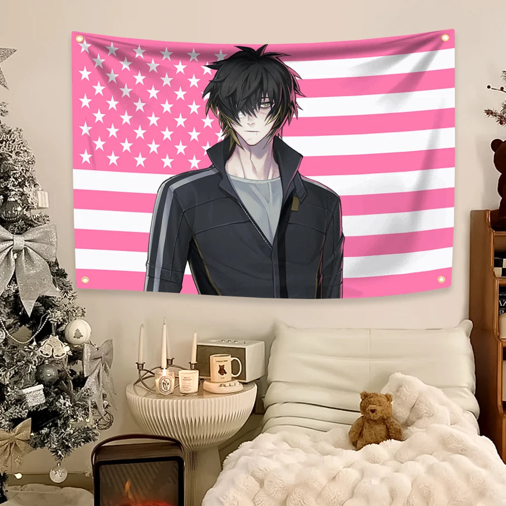 Anime theme tapestry featuring a character in a patriotic American flag design