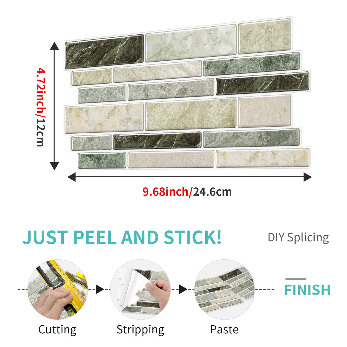 A set of rectangular marble-patterned PVC tiles for DIY wall tiling, showing the process from cutting to finishing.