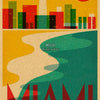 A retro-style movie poster featuring a stylized cityscape silhouette against a yellow sky and a wavy green landscape, with th