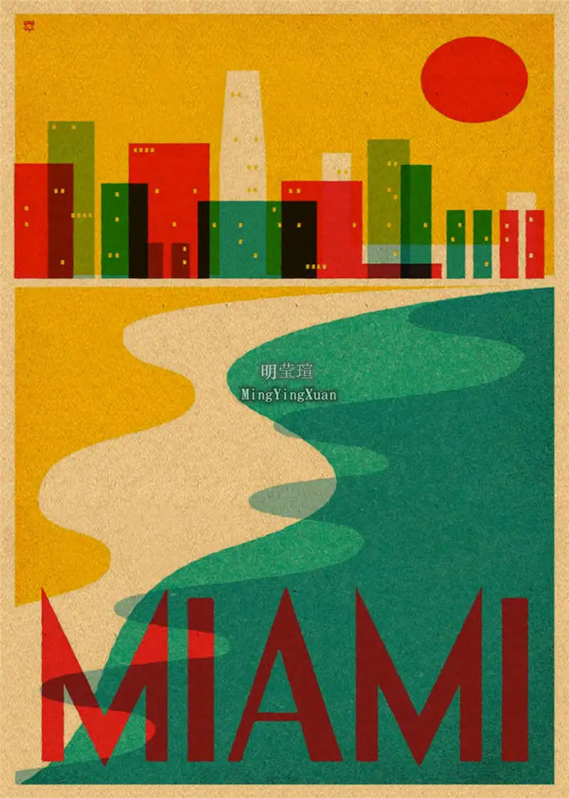 A retro-style movie poster featuring a stylized cityscape silhouette against a yellow sky and a wavy green landscape, with th