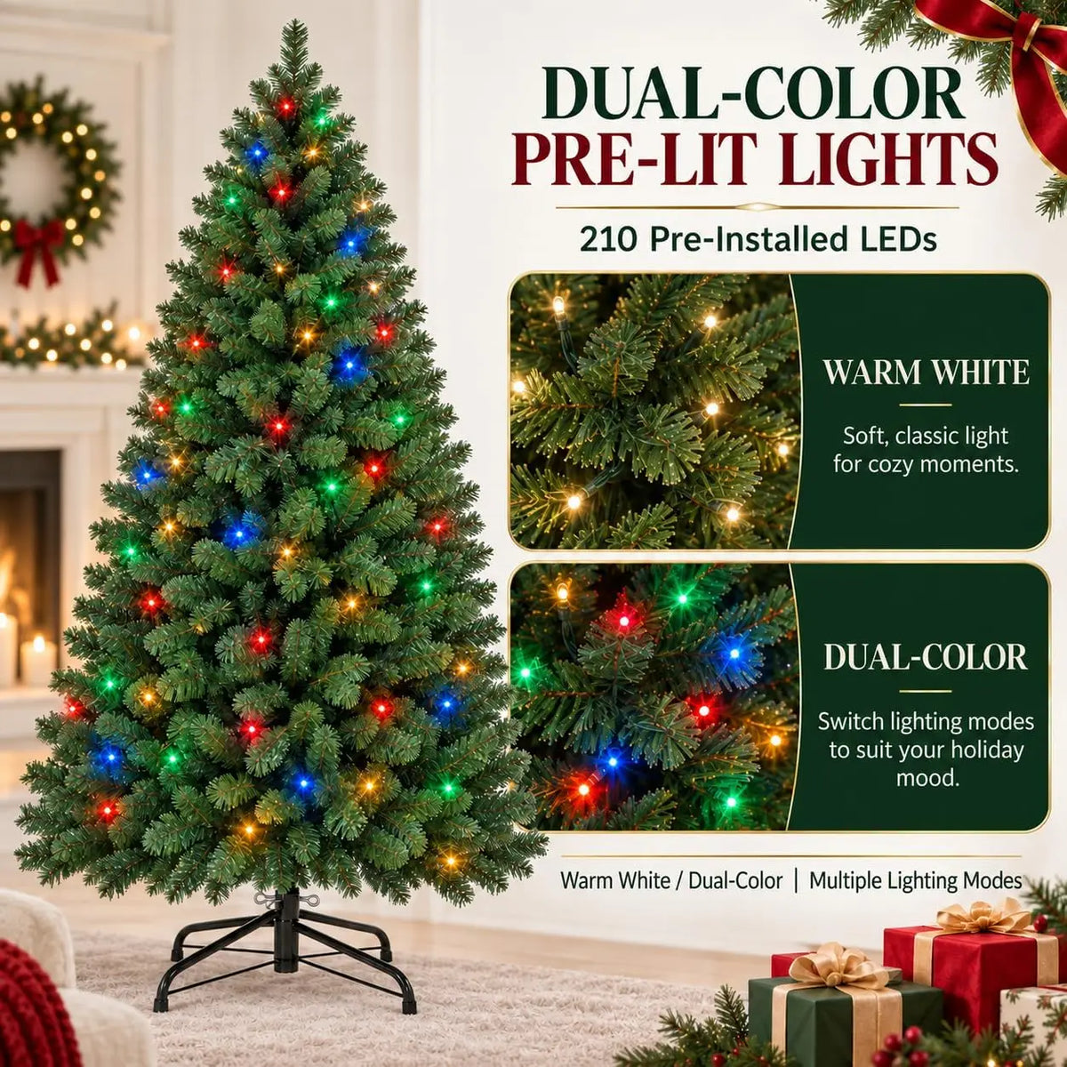 A fully decorated pre-lit artificial Christmas tree with warm white and dual-color LED lights.