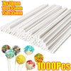 A collection of white paper lollipop sticks in various diameters, including 76x30mm, 100x35mm, and 150x35mm, shown alongside 