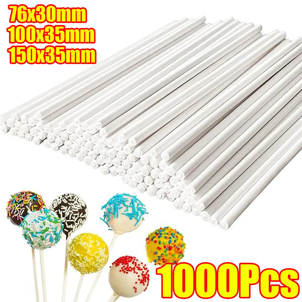 A collection of white paper lollipop sticks in various diameters, including 76x30mm, 100x35mm, and 150x35mm, shown alongside 