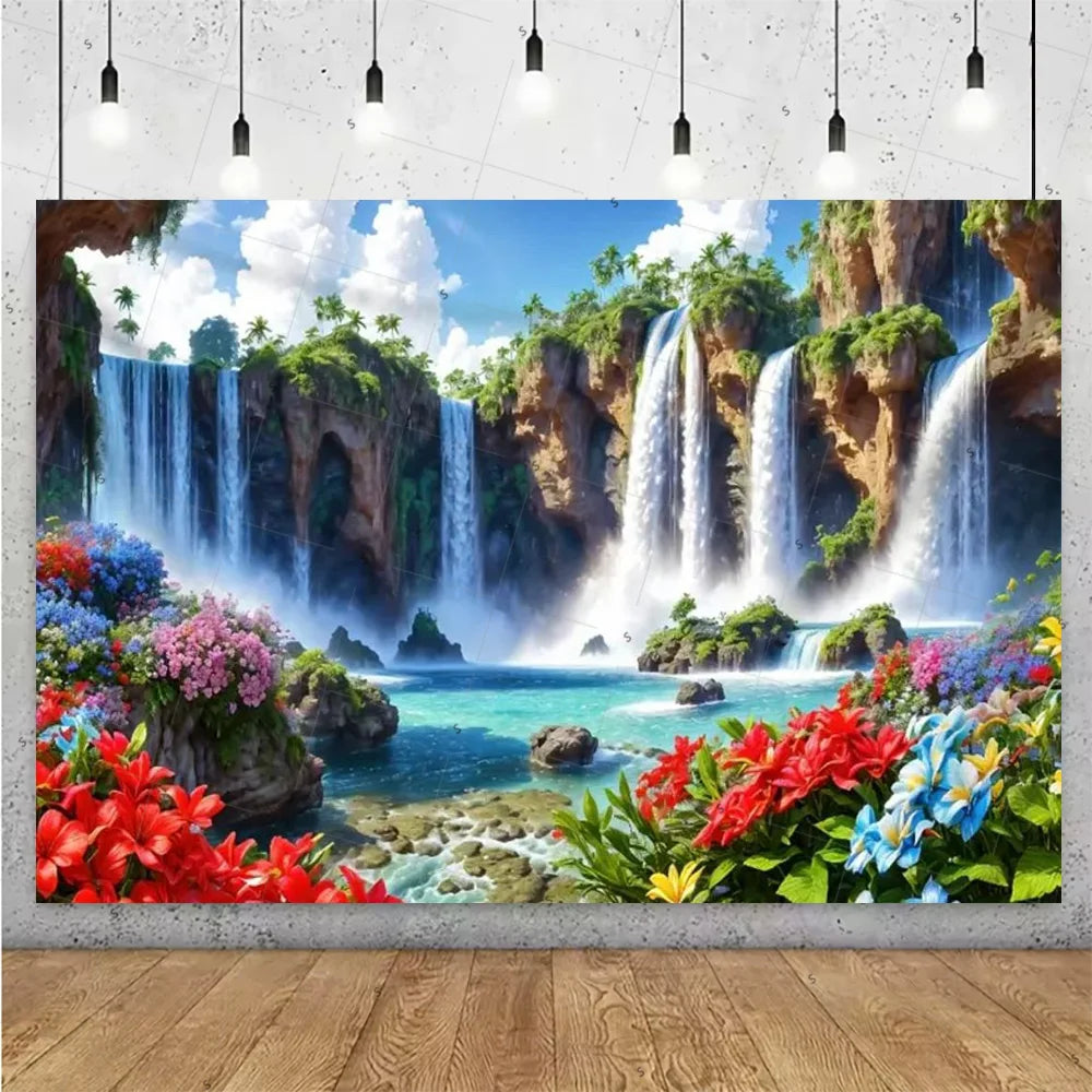 Forest Waterfall Wonderland Photography Backdrop