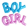 Blue and pink foil letter balloons spelling BOY GIRL for a gender reveal party