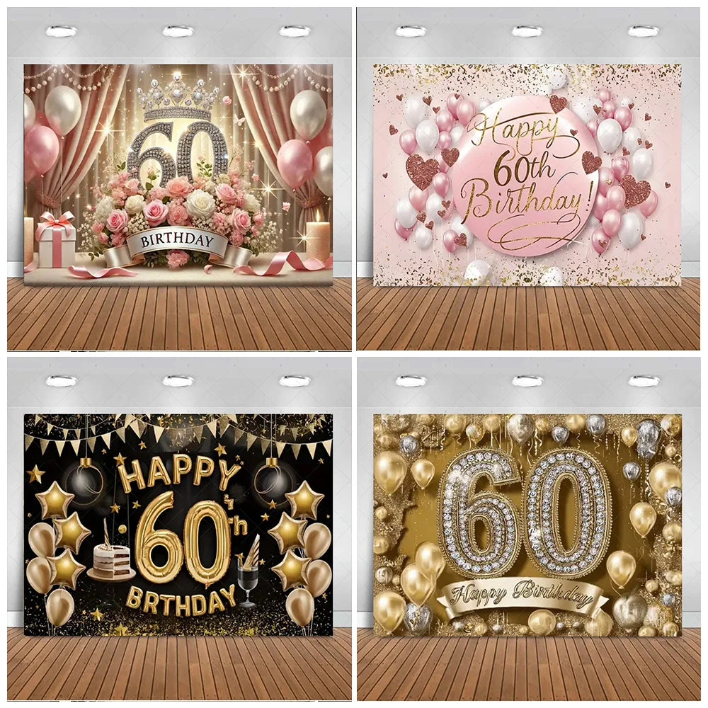 A photo booth backdrop featuring balloons, glitter, and gold accents for a 60th birthday celebration.