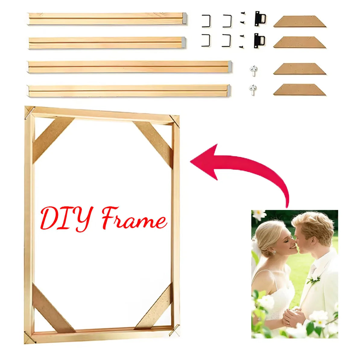 DIY frame kit with wood strips and hardware for creating a custom framed canvas wall art